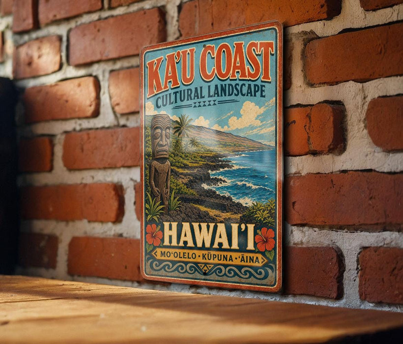 A vintage-style metal sign with the text "Kau Coast Cultural Landscape" and "Hawaii" is displayed on a brick wall.