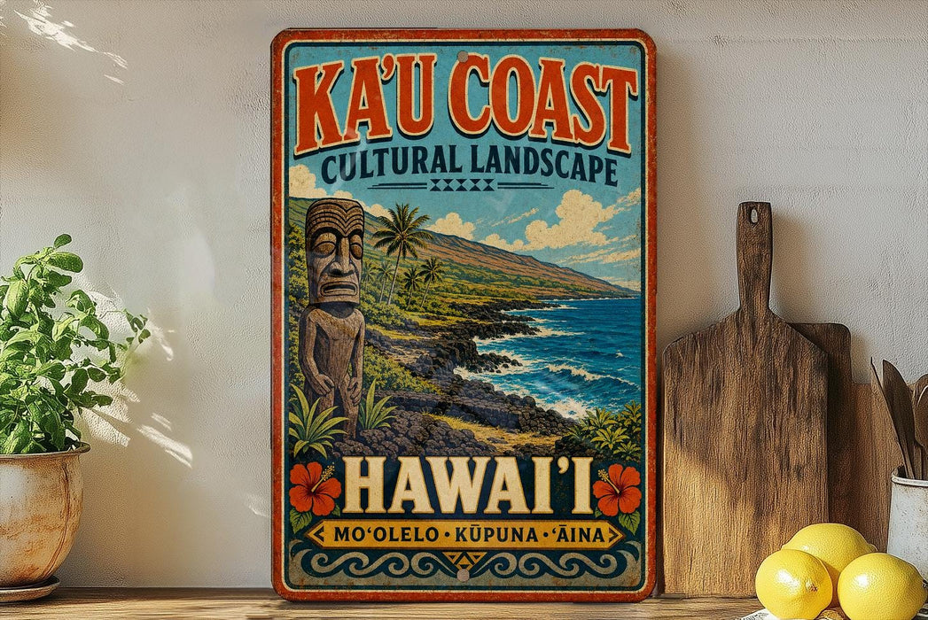 A vintage-style sign for Kaucoa' Coast, Hawaii, featuring a tiki statue and a tropical landscape.