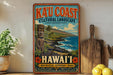 A vintage-style sign for Kaucoa' Coast, Hawaii, featuring a tiki statue and a tropical landscape.