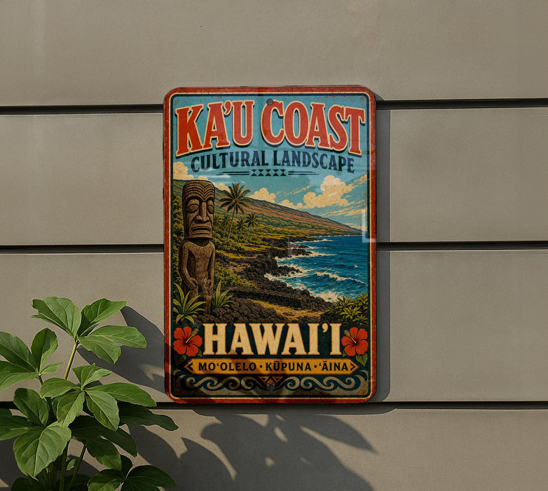 A vintage-style metal sign advertising the "Ka'u Coast Cultural Landscape" in Hawaii, featuring a tiki statue and a tropical landscape.