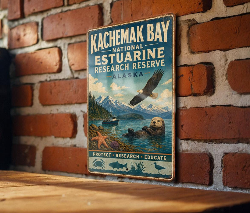 A vintage-style metal sign for the Kachemak Bay National Estuarine Research Reserve in Alaska, featuring an eagle, a sea otter, and a boat on the water.