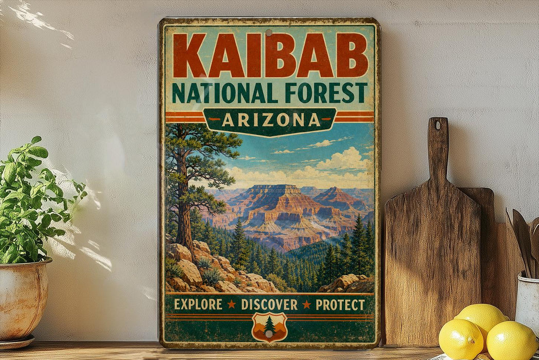 A vintage-style poster advertising Kaibab National Forest in Arizona, featuring a scenic mountain landscape with pine trees and a clear blue sky.