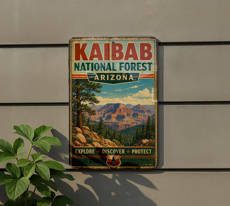 a vintage metal sign for the Kaibab National Forest in Arizona, with a mountain landscape and trees in the background.