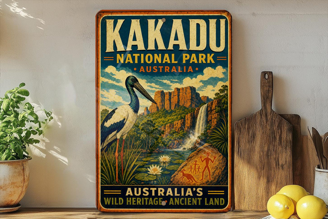 A vintage-style poster advertising Kakadu National Park in Australia, featuring a blue and white bird, a waterfall, and lush greenery.