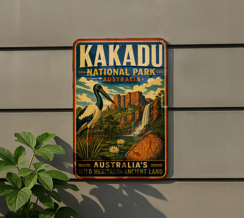 A vintage-style sign for Kakadu National Park in Australia, featuring an illustration of a bird, a waterfall, and a landscape with a rock formation.