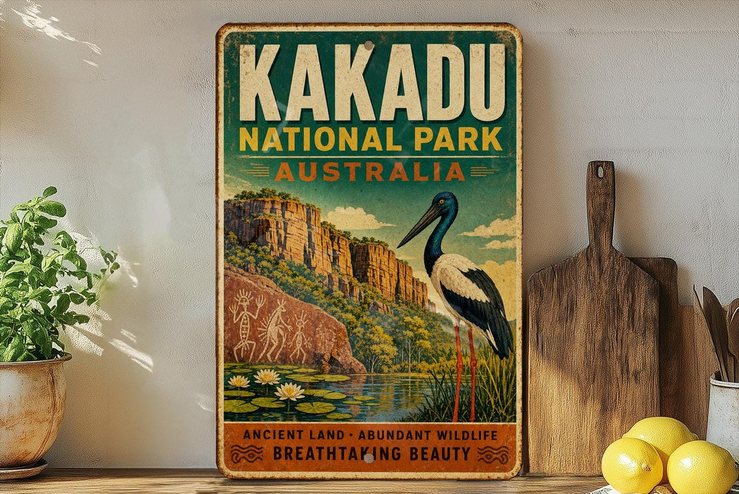 A vintage-style metal sign for Kakadu National Park in Australia, featuring an illustration of a bird and a landscape with water and flowers.