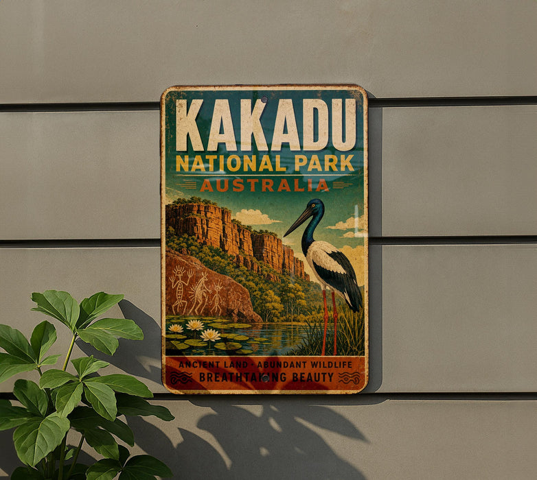 A vintage-style metal sign for Kakadu National Park in Australia, featuring an illustration of a bird and a landscape with mountains and water.