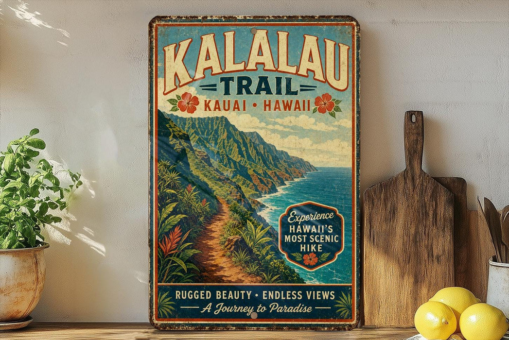A vintage-style poster advertising the Kalalau Trail in Hawaii, featuring a scenic mountain landscape with a winding path leading to the ocean.