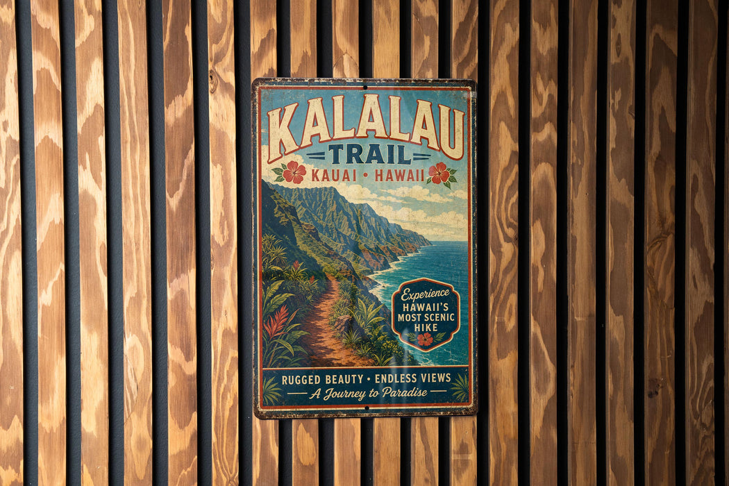 A vintage metal sign for the Kalalau Trail in Kauai, Hawaii, featuring a scenic mountain landscape and a trail leading to the ocean.