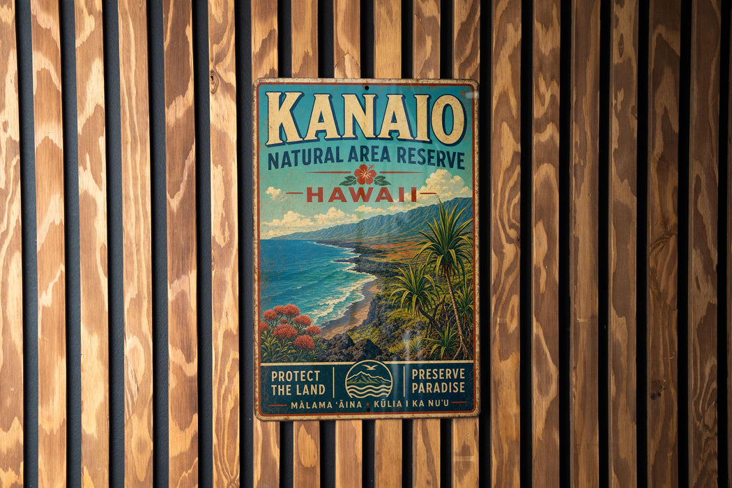A vintage-style metal sign for the Kanalo Natural Area Reserve in Hawaii, featuring a tropical landscape with palm trees, mountains, and the ocean.