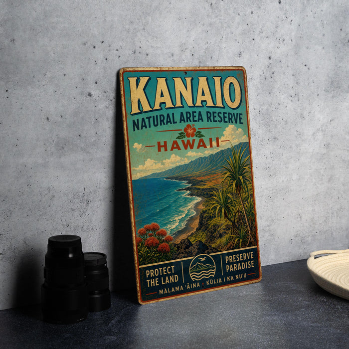 A vintage-style metal sign for the Kanio Natural Area Reserve in Hawaii, featuring a scenic landscape with mountains, palm trees, and the ocean.