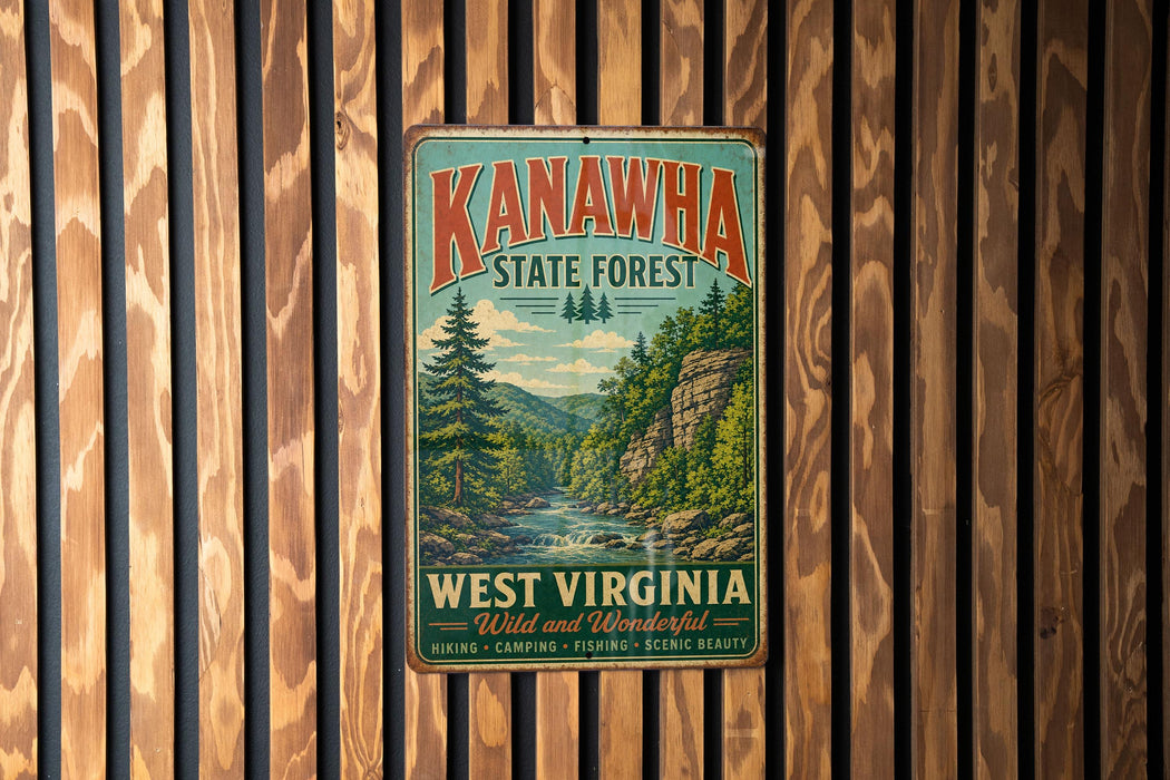 A vintage metal sign for Kanawha State Forest in West Virginia, featuring a scenic illustration of a forest landscape with a river and mountains.