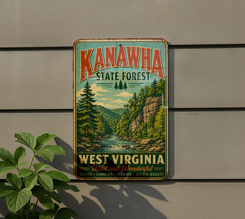 A vintage-style metal sign for Kanawha State Forest in West Virginia, featuring a scenic illustration of a forest landscape with a river and mountains.