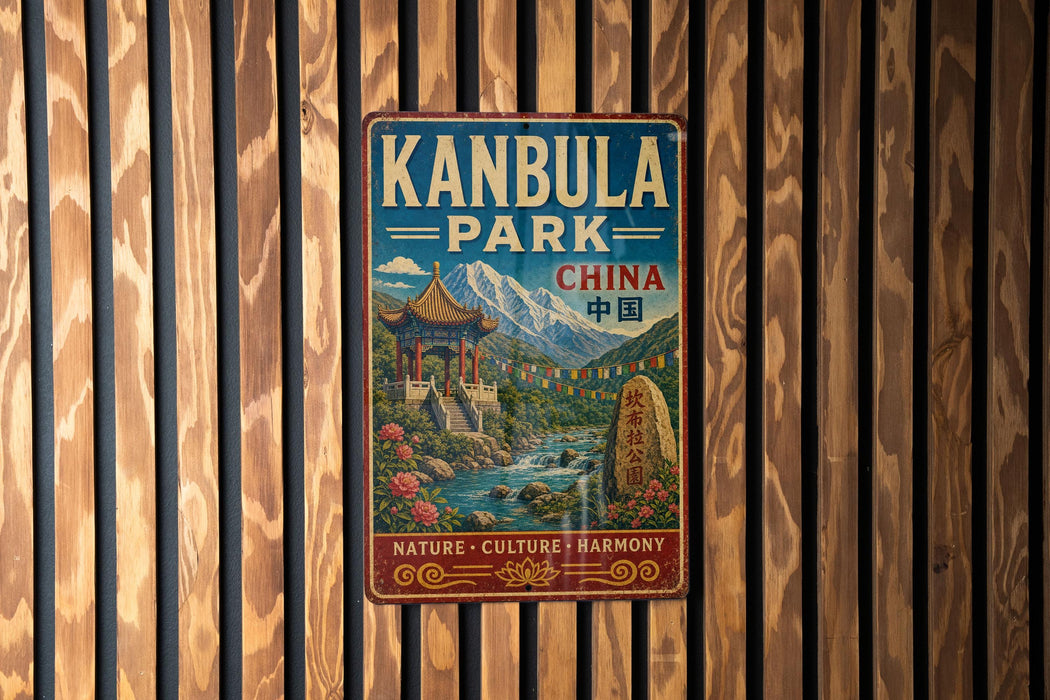 A vintage metal sign for Kanbula Park in China, featuring a scenic landscape with mountains, a temple, and a river.