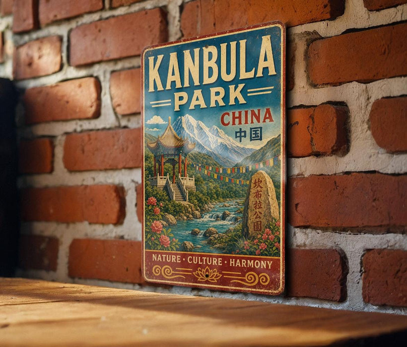 A vintage metal sign for Kanbula Park in China, featuring a scenic landscape with mountains, a pagoda, and a river.