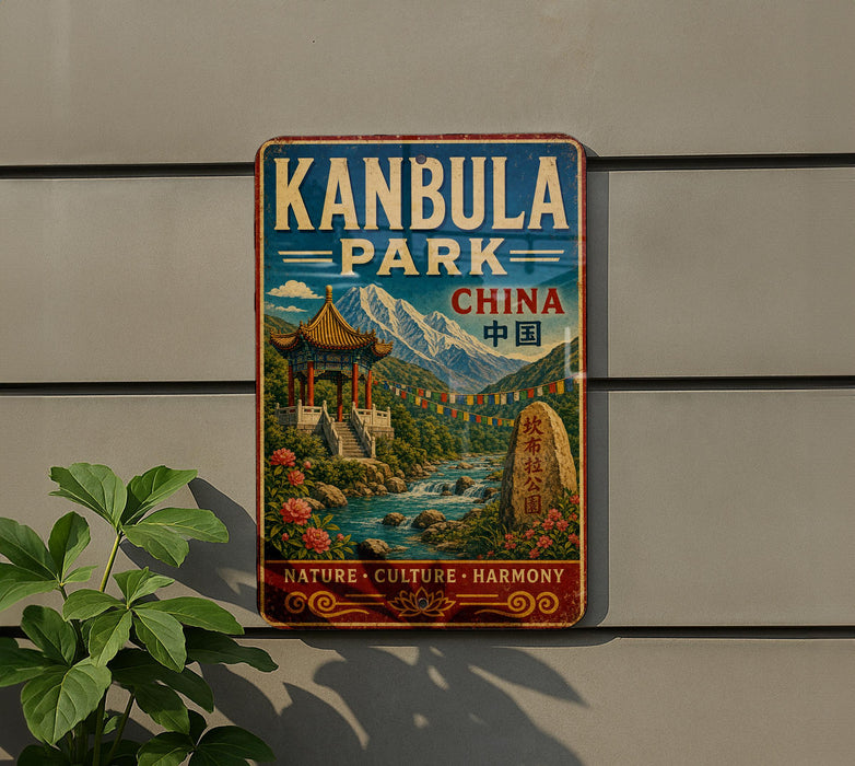 A vintage metal sign for Kanbula Park in China, featuring a scenic landscape with mountains, a pagoda, and a stream.
