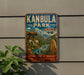 A vintage metal sign for Kanbula Park in China, featuring a scenic landscape with mountains, a pagoda, and a stream.