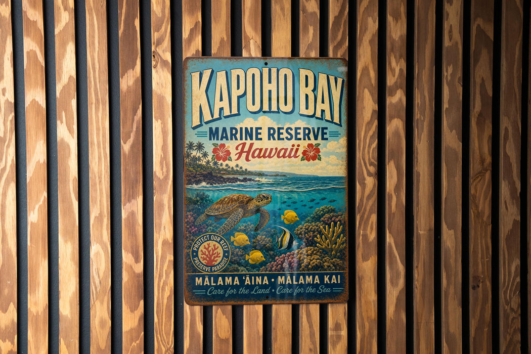 A vintage metal sign for the Kapoho Bay Marine Reserve in Hawaii, featuring a turtle and tropical plants, is displayed on a wooden wall.