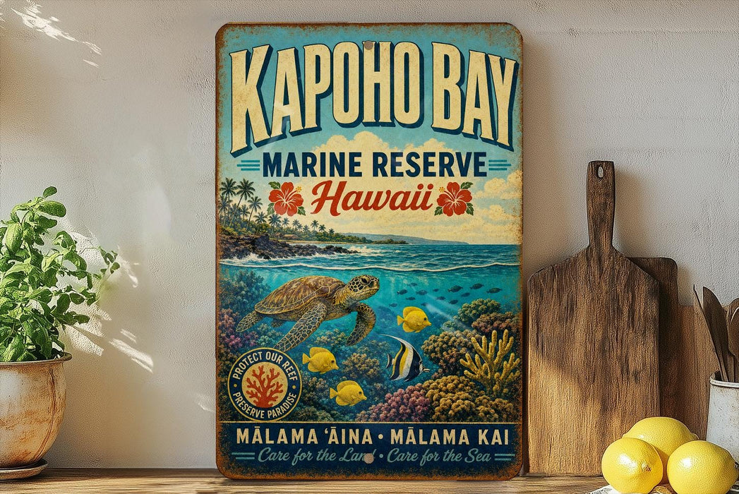 A vintage-style metal sign for the Kapoho Bay Marine Reserve in Hawaii, featuring a turtle swimming among colorful coral and fish.