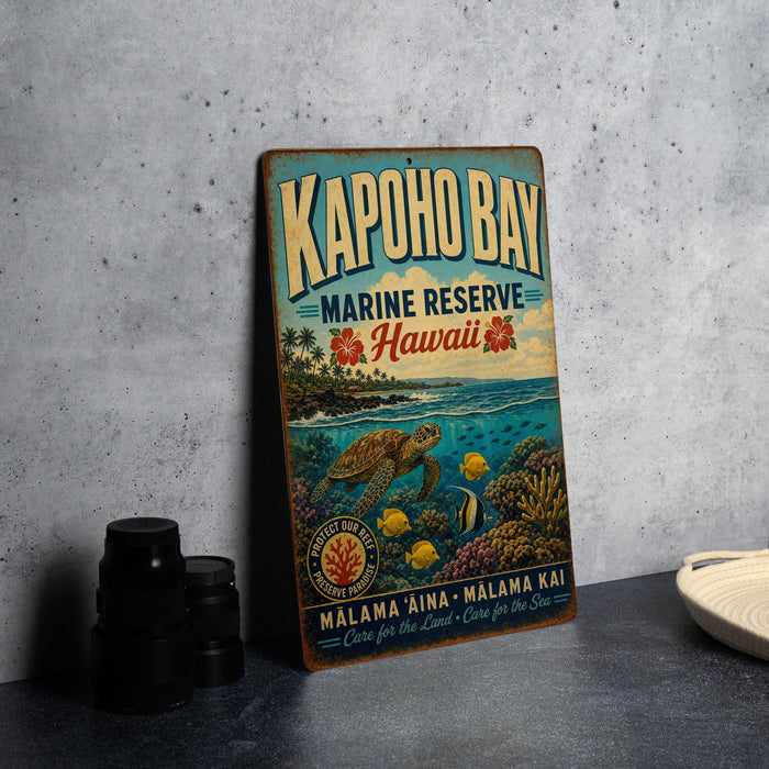 A vintage-style metal sign for Kapohoh Bay, Hawaii, featuring a turtle and tropical plants, is displayed on a gray concrete surface.