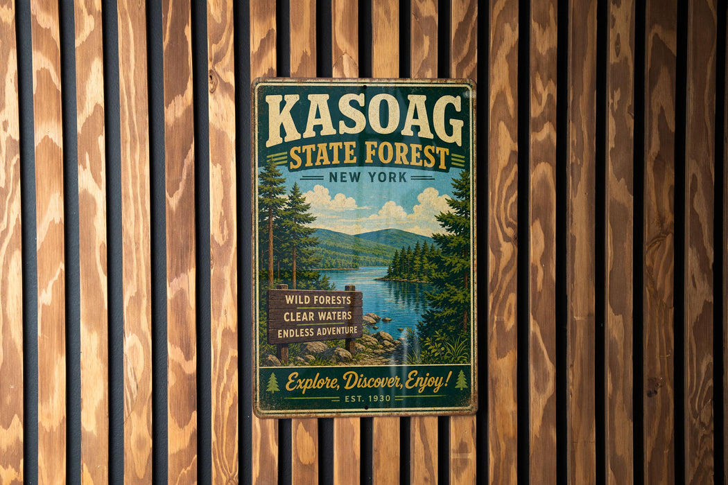A vintage-style metal sign for the Kasoag State Forest in New York, featuring a scenic landscape with a lake and mountains.