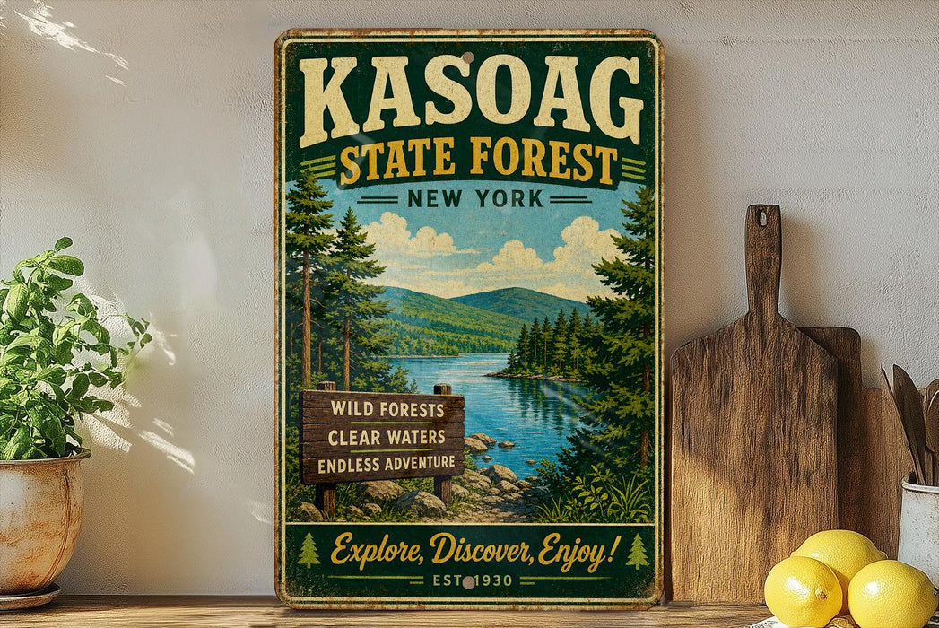 A vintage-style sign for the Kasoag State Forest in New York, featuring a scenic landscape with a lake and pine trees.
