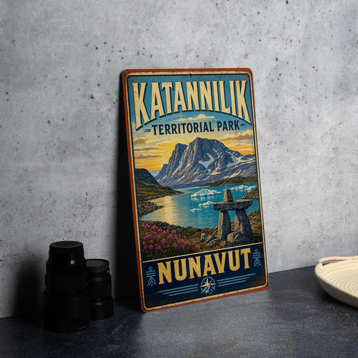 A vintage-style metal sign for Katanvilik Territorial Park, featuring a scenic landscape with mountains, a lake, and a rock formation.
