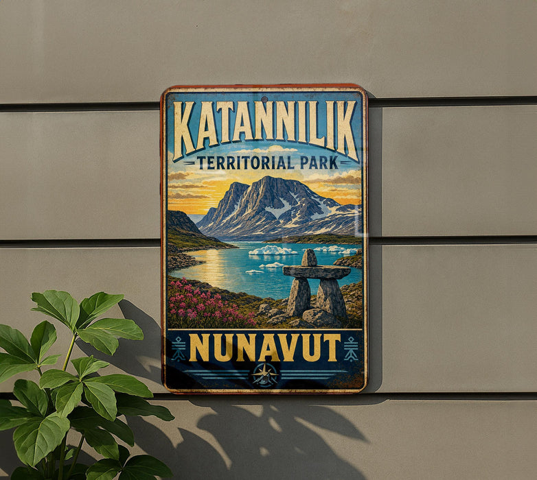 A vintage-style metal sign for Katanningik Territorial Park, featuring a scenic landscape with mountains, a lake, and a rock formation.