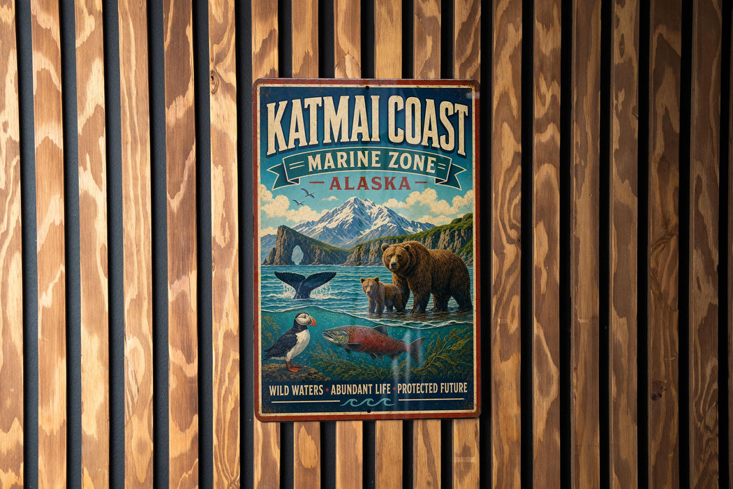 A vintage metal sign for the Katmai Coast Marine Zone in Alaska, featuring an illustration of wildlife and natural scenery.