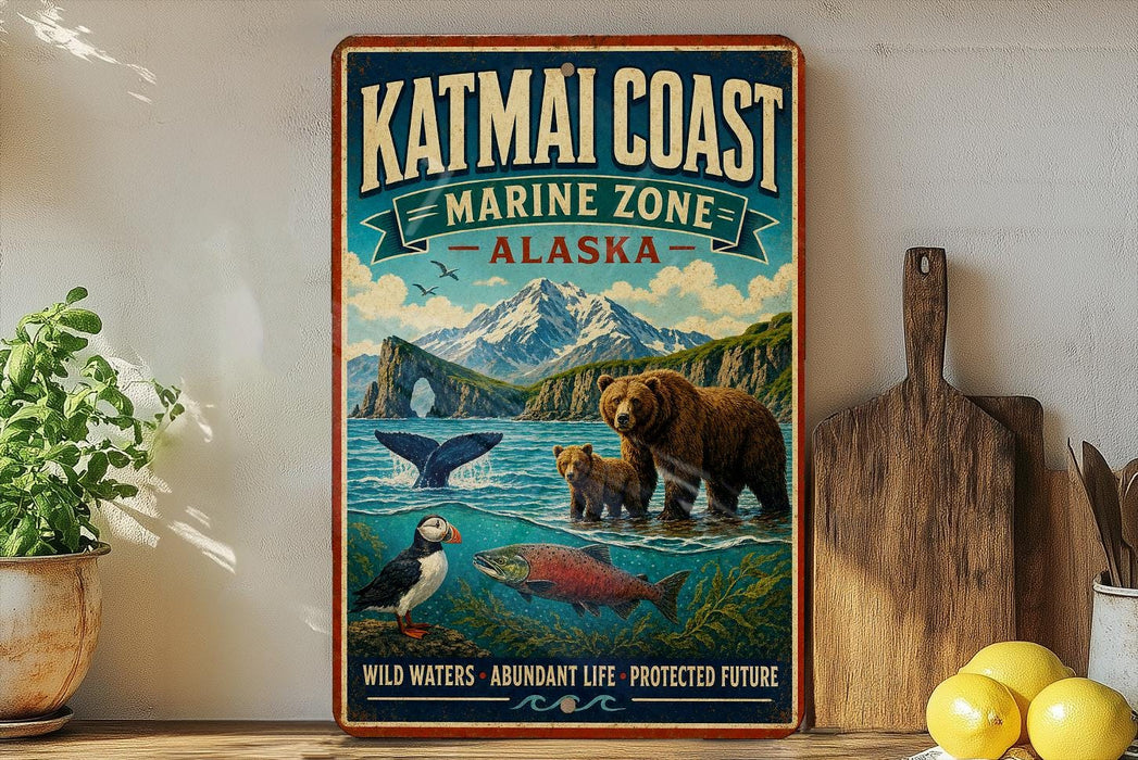 A vintage-style sign for the Katmai Coast Marine Zone in Alaska, featuring an illustration of marine life such as a bear, puffin, and salmon.