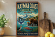 A vintage-style sign for the Katmai Coast Marine Zone in Alaska, featuring an illustration of marine life such as a bear, puffin, and salmon.