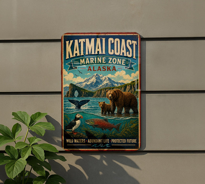A vintage-style metal sign for the Katmai Coast Marine Zone in Alaska, featuring illustrations of wildlife such as a bear, puffin, and salmon.
