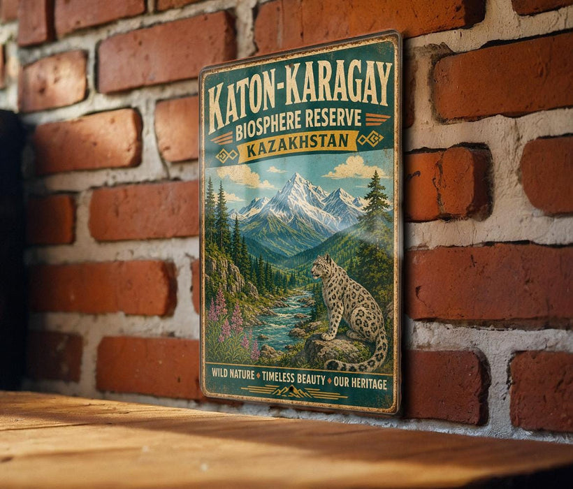 A vintage-style metal sign with a mountain landscape and a leopard, mounted on a brick wall.