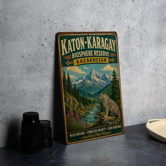A vintage-style metal sign for the Katon-Karagay Biosphere Reserve in Kazakhstan, featuring a mountain landscape with a leopard.