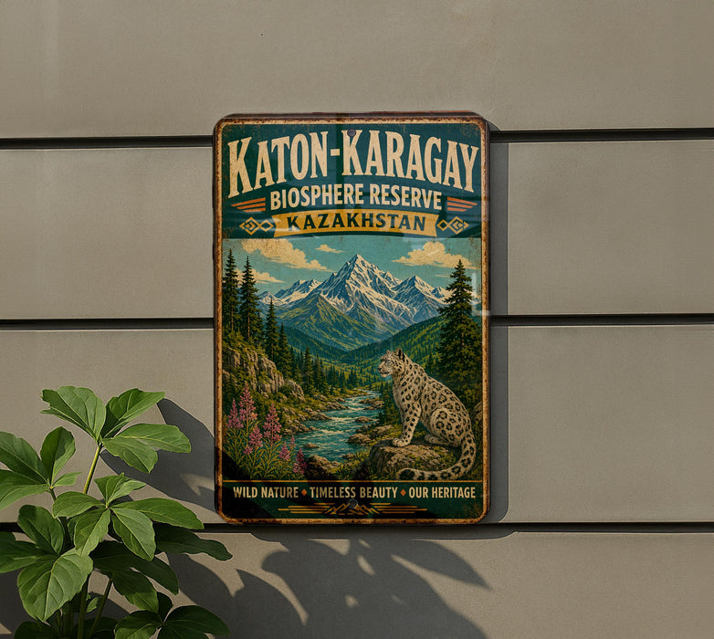 A vintage-style metal sign with a mountain landscape and a cat, mounted on a wall.