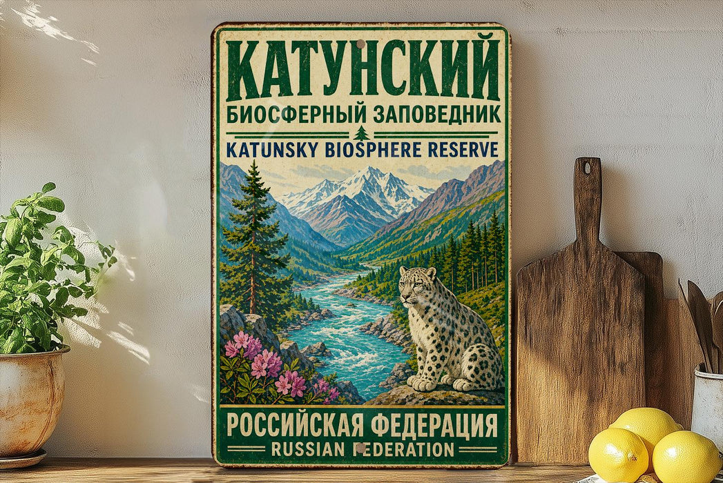 a vintage-style poster with a mountain landscape and a leopard, displayed on a wall next to a wooden cutting board and some potted plants.