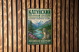 A metal sign with text and an illustration of a mountain landscape, mounted on a wooden wall.