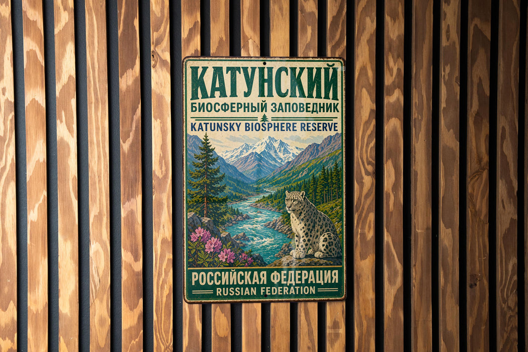 A metal sign with text and an illustration of a mountain landscape, mounted on a wooden wall.