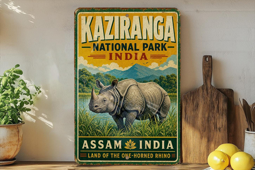 A vintage-style sign for Kaziranga National Park, India, featuring an illustration of a rhinoceros in a grassy field with mountains in the background.