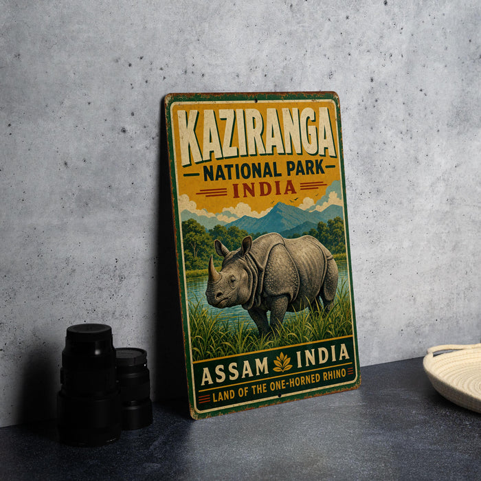 A vintage-style metal sign for Kaziranga National Park, India, featuring an illustration of a rhinoceros in a grassy landscape.
