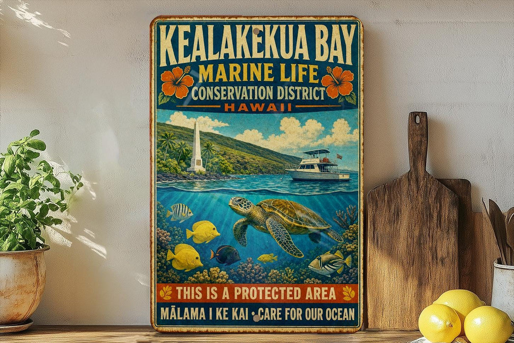A vintage-style metal sign for the Kealakua Bay Marine Life Conservation District in Hawaii, featuring a colorful illustration of a turtle swimming among tropical fish and coral.