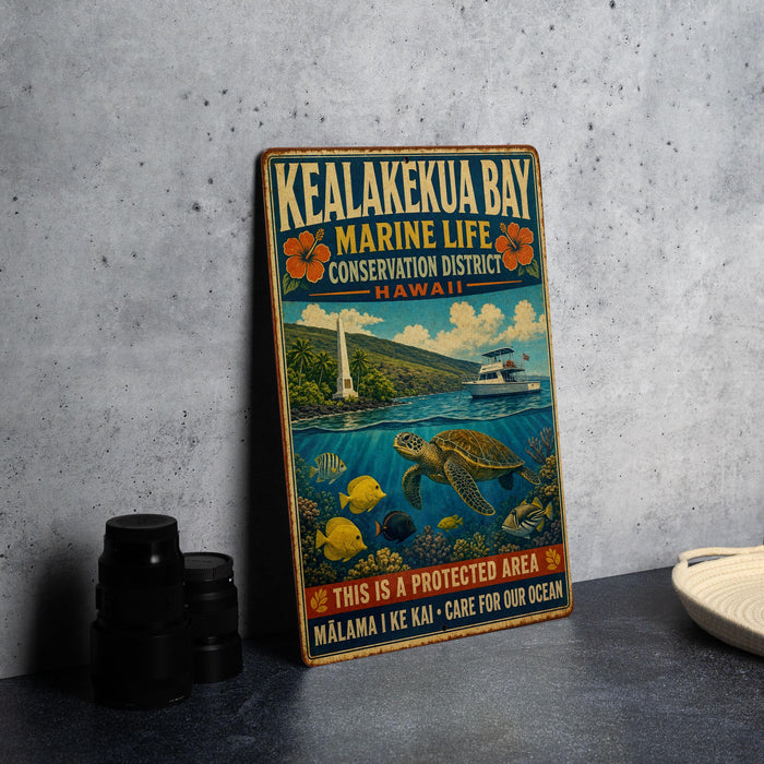 A vintage metal sign for Kealakekua Bay, Hawaii, featuring a tropical scene with a turtle, fish, and a lighthouse.
