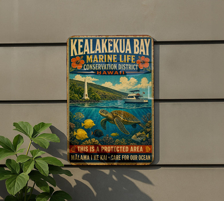 A vintage-style metal sign for the Kealakeku'a Bay Marine Life Conservation District in Hawaii, featuring a colorful illustration of a turtle swimming among tropical fish and coral.