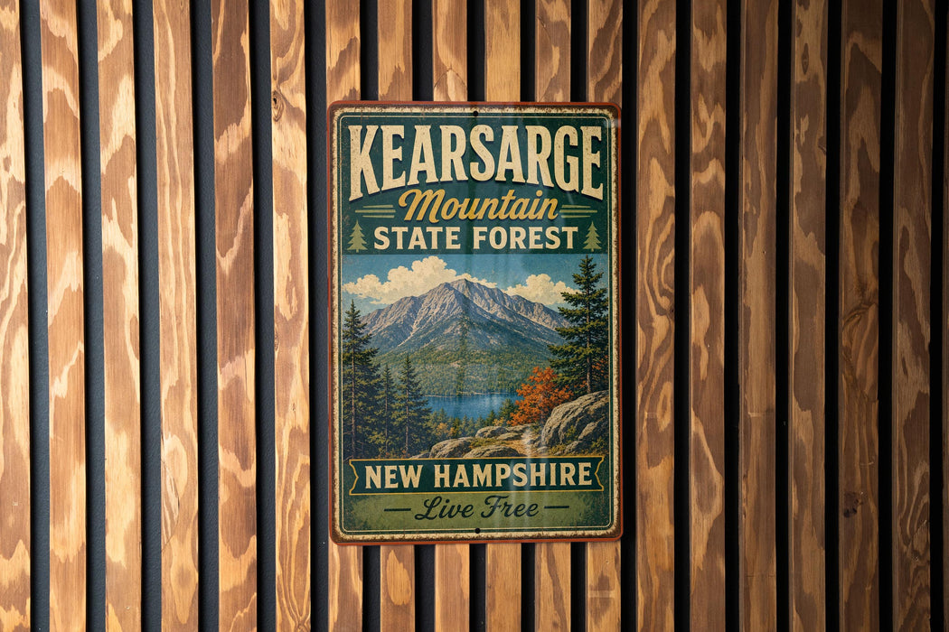 A vintage metal sign for the Kearsarge Mountain State Forest in New Hampshire, featuring a scenic mountain landscape and the text "New Hampshire - Live Free".