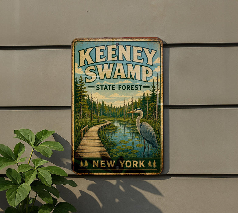 A vintage-style sign for Keeney Swamp State Forest in New York, featuring a wooden boardwalk leading to a pond with a crane and trees in the background.
