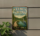 A vintage-style sign for Keeney Swamp State Forest in New York, featuring a wooden boardwalk leading to a pond with a crane and trees in the background.