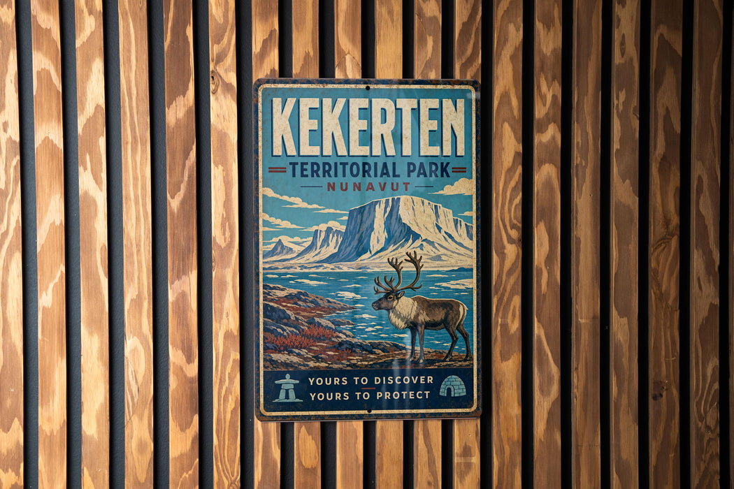 A vintage-style metal sign for Kekerten Territorial Park, featuring a reindeer and a mountain landscape.