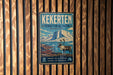 A vintage-style metal sign for Kekerten Territorial Park, featuring a reindeer and a mountain landscape.