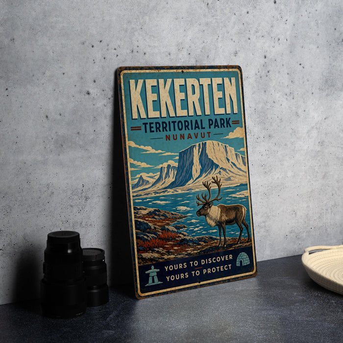 A vintage-style metal sign for Kekerten Territorial Park, featuring an illustration of a reindeer and mountains in the background.