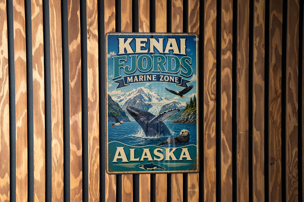 A vintage metal sign for Kenai Fjords, Alaska, featuring a whale and mountains in the background.